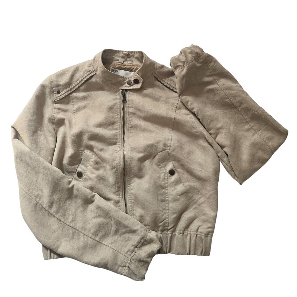 Poetry Clothing Tan Faux Suede-Like Cropped Moto Jacket L Bellacore Boho Chic